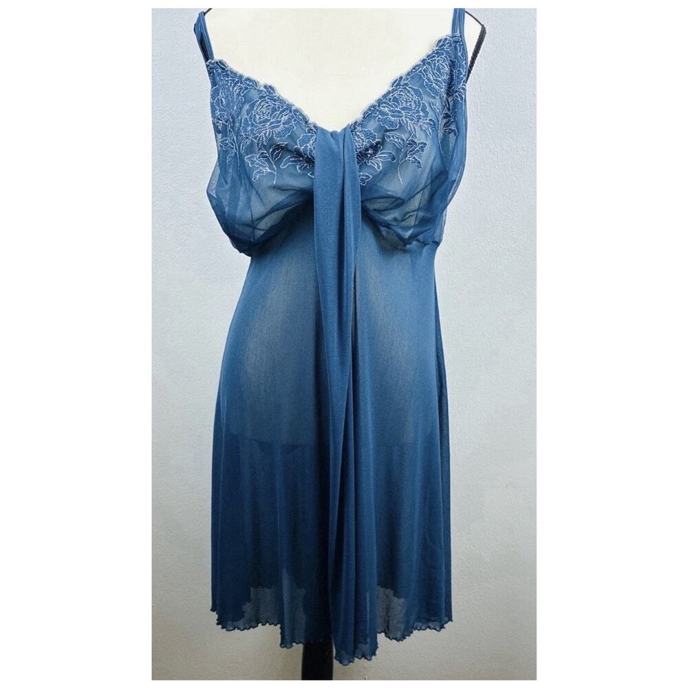 Cacique Sz 26/28 Grn Embrdrd Bodice Waterfall Trim Lettuce Hem Sheer Gown - Picture 2 of 9